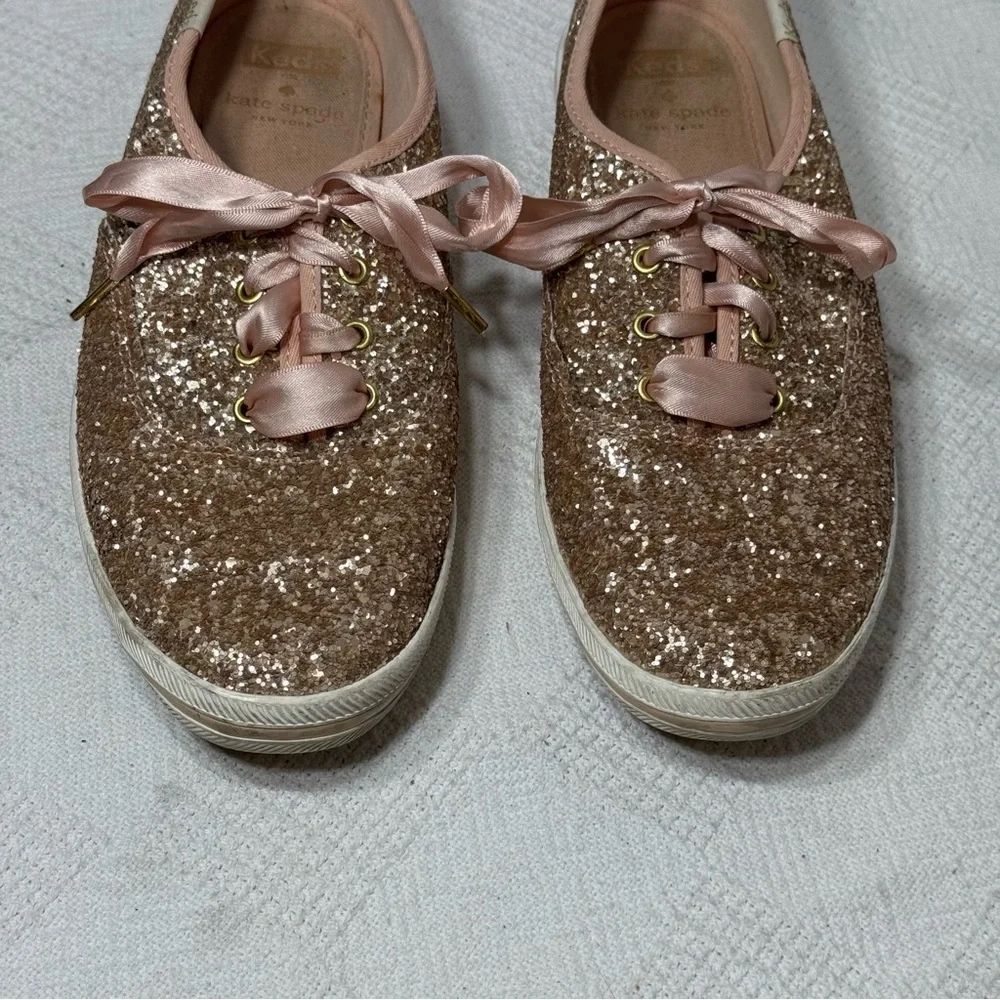 Keds X Kate Spade Sneaker Women's Size 8.5 Champion Glitter Rose Gold Satin Lace